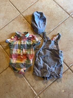 tommy bahama new boys 3-6mo matching denium overall shorts ,plaid shirt and hat